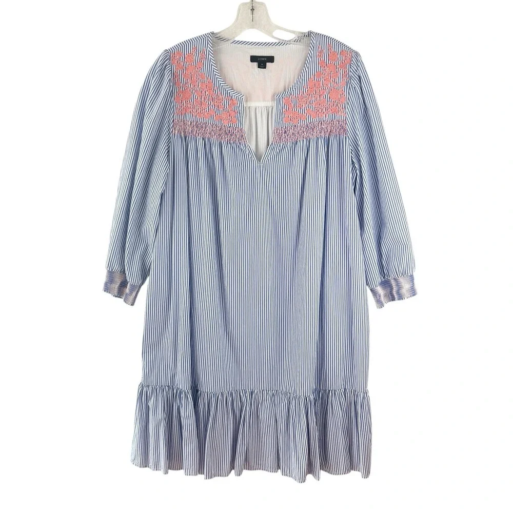 J CREW Preppy Blue Striped‎ Ruffle Dress Pink Embroidered Smocked Yolk Sz Medium